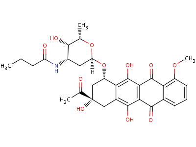 N-[6-[(3-乙酰基-3,5,12-三羟基-10-甲氧基-6,11-二氧代-2,4-二氢-1H-并四苯-1-基)氧基]-3-羟基-2-甲基四氢吡喃-4-基]丁酰胺结构式,38942-41-5结构式