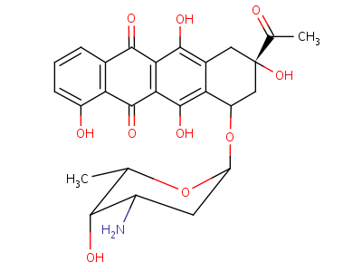 (7S,9S)-9-乙酰基-7-[(4S,5S,6S)-4-氨基-5-羟基-6-甲基四氢吡喃-2-基]氧基-4,6,9,11-四羟基-8,10-二氢-7H-并四苯-5,12-二酮盐酸盐结构式,39472-31-6结构式