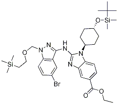 2-[[5-溴-1-[[2-(三甲基甲硅烷基)乙氧基]甲基]-1H-吲唑-3-基]氨基]-1-[反式-4-[[(1,1-二甲基乙基)二甲基甲硅烷基]氧基]环己基]-1H-苯并咪唑-5-羧酸乙酯结构式_1012104-44-7结构式
