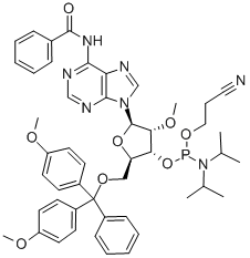 N-苯甲酰基-5-O-(4,4-二甲氧基三苯甲基)-2-O-甲基腺苷-3-(2-氰基乙基-N,N-二异丙基)亚磷酰胺结构式_110782-31-5结构式