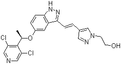 (R,E)-2-(4-(2-(5-(1-(3,5-二氯吡啶-4-基)乙氧基)-1H-吲唑-3-基)乙烯基)-1H-吡唑-1-基)乙醇结构式_1254473-64-7结构式
