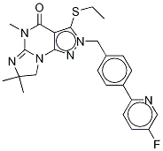 3-(乙基硫代)-2-[[4-(5-氟-2-吡啶)苯基]甲基]-7,8-二氢-5,7,7-三甲基-2H-咪唑并[1,2-a]吡唑并[4,3-e]嘧啶-4(5h)-酮结构式_1415809-03-8结构式