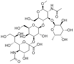 甲基(6R)-5-乙酰氨基-3,5-二脱氧-6-[(1R,2R)-1,2,3-三羟基丙基]-beta-L-苏式-己-2-酮吡喃糖基-(2->3)-beta-D-吡喃半乳糖基-(1->4)-[6-脱氧-alpha-L-吡喃半乳糖基-(1->3)]-2-乙酰氨基-2-脱氧-beta-D-吡喃葡萄糖苷结构式_141612-87-5结构式