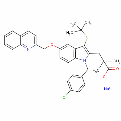 1-[(4-氯苯基)甲基]-3-[(1,1-二甲基乙基)硫代]-α,α-二甲基-5-(2-喹啉甲氧基)-1H-吲哚-2-丙酸钠结构式_147030-01-1结构式