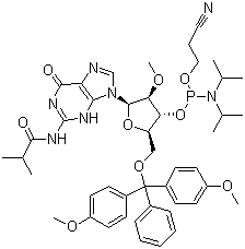 5-O-(4,4-二甲氧基三苯甲基)-2-O-甲基-N-异丁酰基鸟苷-3-(2-氰基乙基-N,N-二异丙基)亚磷酰胺结构式_150780-67-9结构式