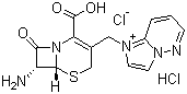 1-[[(6R,7R)-7-氨基-2-羧基-8-氧代-5-硫杂-1-氮杂双环[4.2.0]辛-2-烯-3-基]甲基]咪唑并[1,2-b]哒嗪二盐酸盐结构式_166176-51-8结构式