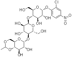 O-4，6-O-乙叉-ａ-D-吡喃葡萄糖基(1→4)-O-ａ-D-吡喃葡萄糖基-(1→4)-ａ-D-吡喃葡萄2-氯-4-硝基苯基苷结构式_199603-68-4结构式