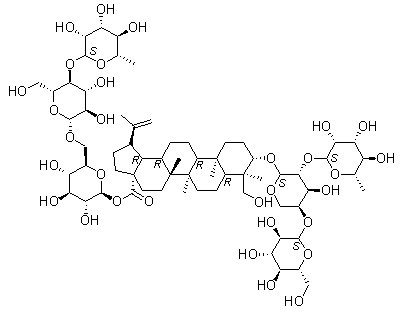 3-O-b-D-葡萄糖( 1→4)-[ a -L-鼠李糖(1→2)]- a-L-阿拉伯糖 23-羟基羽扇豆20(29)-烯-28–酸- 28-O-鼠李糖(1→4)葡萄糖(1→6)葡萄糖苷结构式_366814-43-9结构式