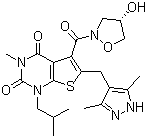 (S)-6-[(3,5-二甲基-1H-吡唑-4-基)甲基]-5-[(4-羟基异噁唑啉-2-基)羰基]-1-异丁基-3-甲基噻吩并[2,3-d]嘧啶-2,4(1h,3h)-二酮结构式_496791-37-8结构式