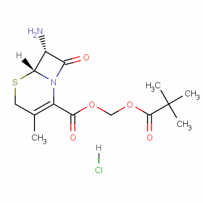 (6R-反式)-7-氨基-3-甲基-8-氧代-5-硫杂-1-氮杂双环[4.2.0]辛-2-烯-2-羧酸(特戊酰氧基)甲基酯单盐酸盐结构式_57184-01-7结构式