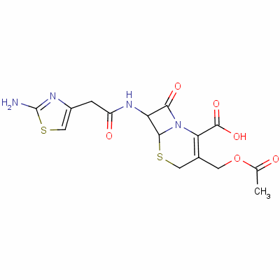 (6R-反式)-3-(乙酰氧基甲基)-7-[(2-氨基噻唑-4-基)乙酰氨基]-8-氧代-5-硫杂-1-氮杂双环[4.2.0]-2-辛烯-2-羧酸结构式_58233-18-4结构式