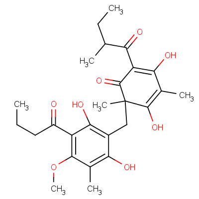6-[[2,6-二羟基-4-甲氧基-3-甲基-5-(1-氧代丁基)苯基]甲基]-3,5-二羟基-4,6-二甲基-2-(2-甲基-1-氧代丁基)-2,4-环己二烯-1-酮结构式_65792-05-4结构式