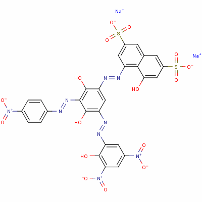 4-[[2,4-二羟基-5-[(2-羟基-3,5-二硝基苯基)偶氮]3-[(4-硝基苯基)偶氮]苯基]偶氮]-5-羟基-2,7-萘二磺酸二钠盐结构式_6637-87-2结构式
