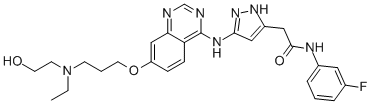 5-[[7-[3-[乙基(2-羟基乙基)氨基]丙氧基]-4-喹唑啉]氨基]-N-(3-氟苯基)-1H-吡唑-3-乙酰胺结构式_722544-51-6结构式