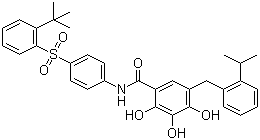N-(4-((2-(叔丁基)苯基)磺酰基)苯基)-2,3,4-三羟基-5-(2-异丙基苄基)苯甲酰胺结构式_877877-35-5结构式