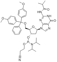 5-O-(4,4-二甲氧基三苯甲基)-N-异丁酰基-2-脱氧鸟苷-3-(2-氰基乙基-N,N-二异丙基)亚磷酰胺结构式_93183-15-4结构式