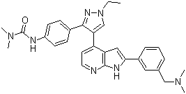 3-(4-(4-(2-(3-((二甲基氨基)甲基)苯基)-1H-吡咯并[2,3-b]吡啶-4-基)-1-乙基-1H-吡唑-3-基)苯基)-1,1-二甲基脲结构式_942918-07-2结构式