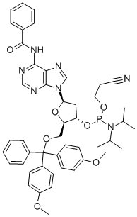 5’-O-(4,4’-二甲氧基三苯基)-N6-苯甲酰基-2’-脱氧腺苷-3’-(2-氰乙基-N,N-二异丙基)亚磷酰胺结构式_98796-53-3结构式