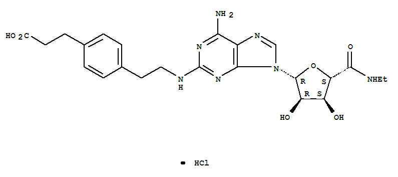 3-{4-[2-({6-氨基-9-[(2R,3R,4S,5S)-5-(乙基氨基甲酰)-3,4-二羟基四氢-2-呋喃基]-9H-嘌呤-2-基}氨基)乙基]苯基}丙酸盐酸盐(1:1)结构式_124431-80-7结构式