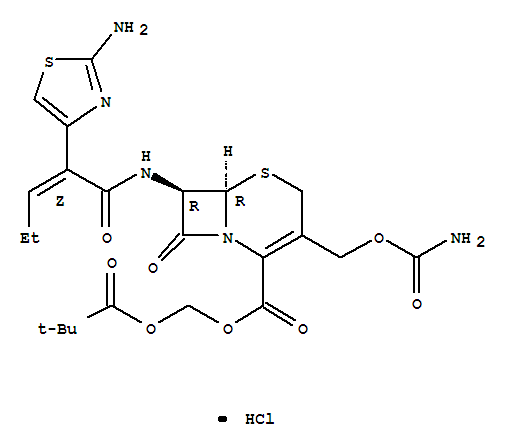 (丙酰氧基)甲基7-{[(2Z)-2-(2-氨基-1,3-噻唑-4-基)-2-戊烯酰]氨基}-3-[(氨基甲酰氧基)甲基]-8-氧代-5-硫杂-1-氮杂双环[4.2.0]辛-2-烯-2-羧酸酯结构式_147816-23-7结构式