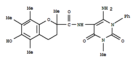  n-(6-氨基-1,2,3,4-四氢-3-甲基-2,4-二氧代-1-苯基-5-嘧啶)-3,4-二氢-6-羟基-2,5,7,8-四甲基-2H-1-苯并吡喃-2-羧酰胺结构式_204980-79-0结构式