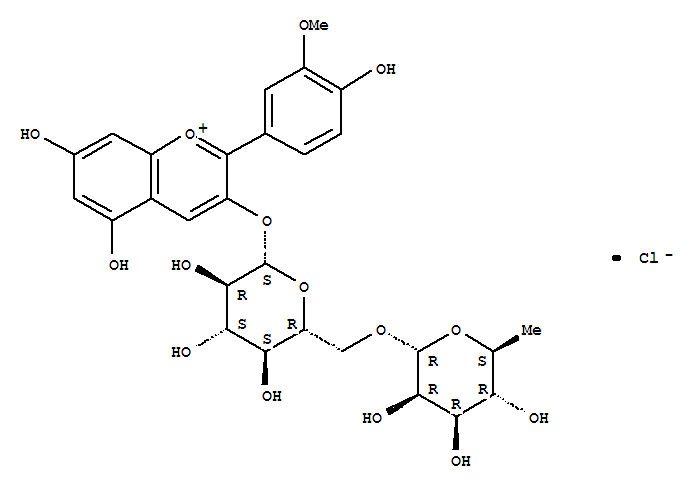 (2R,3R,4R,5R,6S)-2-[[(2R,3S,4S,5R,6S)-6-[5,7-二羟基-2-(4-羟基-3-甲氧基-苯基)苯并吡喃基鎓-3-基]氧基-3,4,5-三羟基-四氢吡喃-2-基]甲氧基]-6-甲基-四氢吡喃-3,4,5-三醇氯化物结构式_27539-32-8结构式