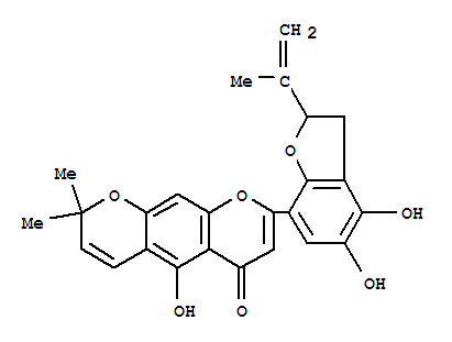 8-(2,3-二氢-4,5-二羟基-2-异丙烯基苯并呋喃-7-基 )-5-羟基-2,2-二甲基 -2H,6h-苯并[1,2-b:5,4-b’]二吡喃-6-酮结构式_54963-49-4结构式