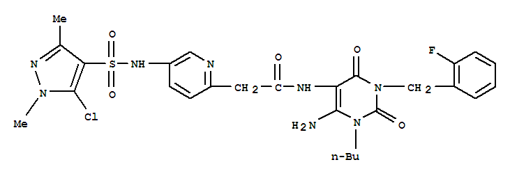 n-[6-氨基-1-丁基-3-[(2-氟苯基)甲基]-1,2,3,4-四氢-2,4-二氧代-5-嘧啶]-5-[[(5-氯-1,3-二甲基-1H-吡唑-4-2-吡啶乙酰胺结构式_748149-17-9结构式