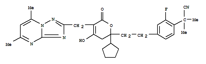 4-[2-[2-环戊基-5-[(5,7-二甲基[1,2,4]噻唑并[1,5-a]嘧啶)甲基]-3,6-二氢-4-羟基-6-氧代-2H-吡喃]乙基]-2-氟-α,α-二甲基苯乙腈结构式_749929-33-7结构式