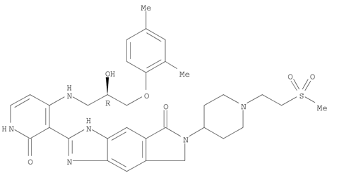 2-(4-((3-(2,4-二甲基苯氧基)-2-羟基丙基)氨基)-2-氧代-1,2-二氢吡啶-3-基)-6-(1-(2-(甲基磺酰基)乙基)哌啶-4-基)-6,7-二氢咪唑并[4,5-f]异吲哚-5(3H)-酮结构式_1008448-19-8结构式