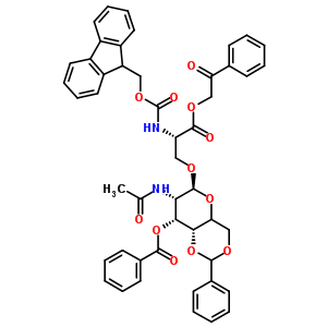 (S)-O-[2-(乙酰氨基)-3-O-苯甲酰基-2-脱氧-4,6-O-亚苄基-alpha-D-吡喃半乳糖基]-N-9-芴甲氧羰基-L-丝氨酸苯甲酰甲基酯结构式_171973-67-4结构式