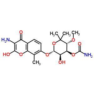 (3R,4S,5R,6R)-6-[(3-氨基-2-羟基-8-甲基-4-氧代-4H-苯并吡喃-7-基)氧基]-5-羟基-3-甲氧基-2,2-二甲基四氢-2H-吡喃-4-基氨基甲酸酯结构式_31026-09-2结构式