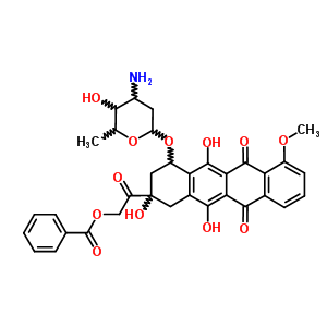 (8S-顺式)-10-((3-氨基-2,3,6-三脱氧-alpha-L-来苏-己糖吡喃糖苷)氧基)-8-((苯甲酰氧基)乙酰基)-7,8,9,10-四氢-6,8,11-三羟基-1-甲氧基-5,12-并四苯醌结构式_59367-03-2结构式
