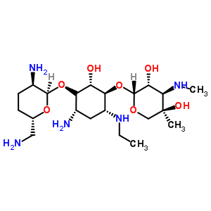 (1S,2S,3S,4R,6S)-6-氨基-3-{[3-脱氧-4-C-甲基-3-(甲基氨基)-beta-L-阿拉伯吡喃糖基]氧基}-4-(乙基氨基)-2-羟基环己基2,6-二氨基-2,3,4,6-四脱氧-alpha-D-赤式-吡喃己糖苷结构式_59711-96-5结构式