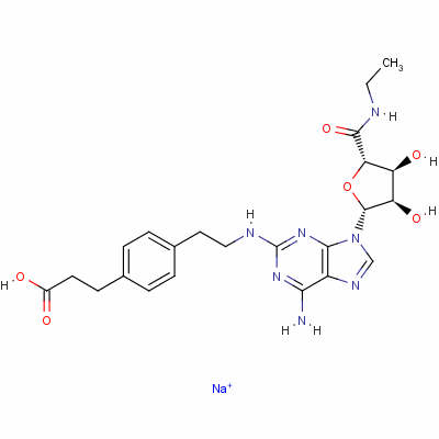 3-[4-[2-[[6-氨基-9-[(2R,3R,4S,5S)-5-(乙基氨基甲酰)-3,4-二羟基四氢呋喃-2-基]嘌呤-2-基]氨基]乙基]苯基]丙酸钠结构式_120225-64-1结构式