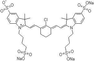 3,3-二甲基-2-[2-[2-氯-3-[2-[1,3-二氢-3,3-二甲基-5-磺酸基-1-(4-磺酸基丁基)-2H-吲哚-2-亚基]乙亚基]-1-环己烯-1-基]乙烯基]-5-磺酸基-1-(4-磺酸基丁基)-3H-吲哚内盐三钠盐结构式_162093-39-2结构式