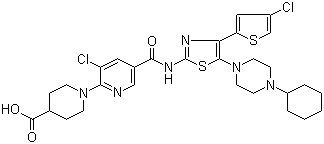 1-[3-氯-5-[[[4-(4-氯-2-噻吩基)-5-(4-环己基-1-哌嗪基)-2-噻唑基]氨基]羰基]-2-吡啶基]-4-哌啶羧酸结构式_570406-98-3结构式