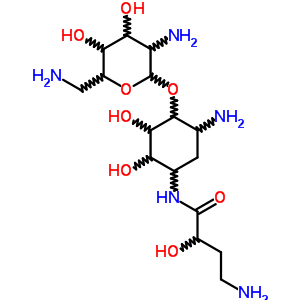 N-[(S)-4-氨基-2-羟基丁酰基]-2-脱氧-4-O-(2,6-二氨基-2,6-二脱氧-alpha-D-吡喃葡萄糖基)-D-链霉胺结构式_50474-68-5结构式